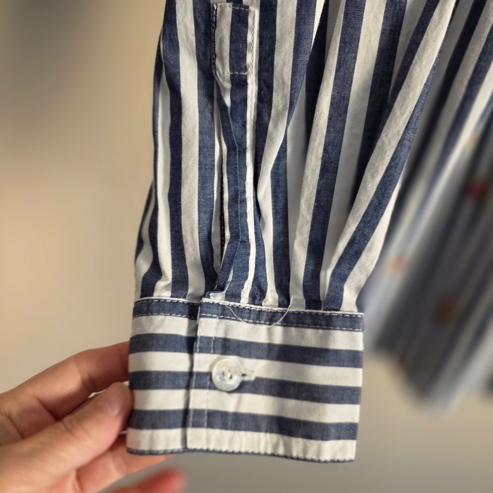 Woman Within Button Down Shirt Womens 14/16 Blue White Striped Floral Embroidery - Picture 5 of 11